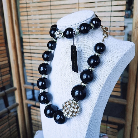 Stephan & Co Black Acrylic Round Bead Bracelet and Necklace Set Rhinestones NWT - Picture 2 of 8